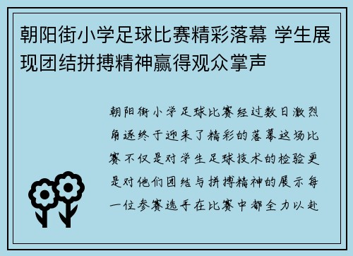 朝阳街小学足球比赛精彩落幕 学生展现团结拼搏精神赢得观众掌声